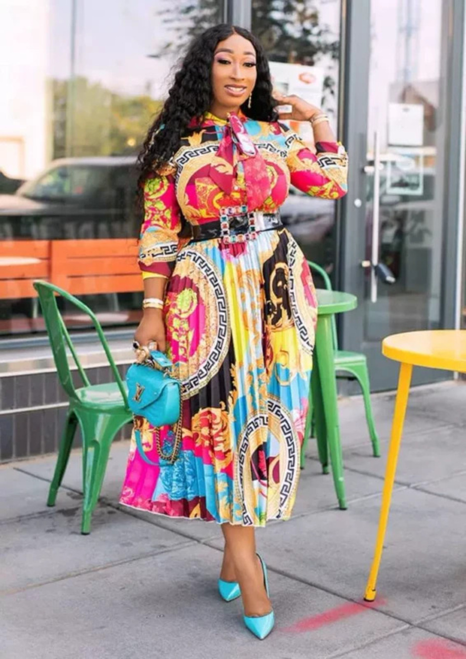 ZARA Spring Summer Plus Size Printed Pleated Three Quarter Sleeve Long Dress